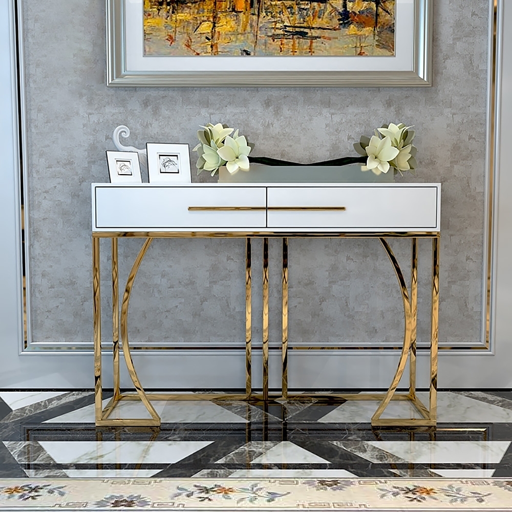 HMR - Modern MDF Top Console Table with Drawers and Stainless Steel Legs in White, 39.4"L