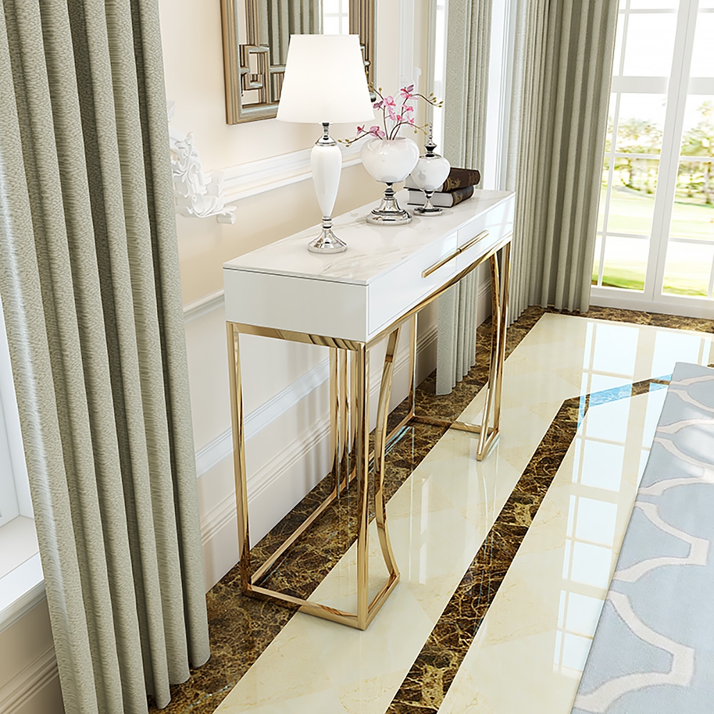 HMR - Modern MDF Top Console Table with Drawers and Stainless Steel Legs in White, 39.4"L