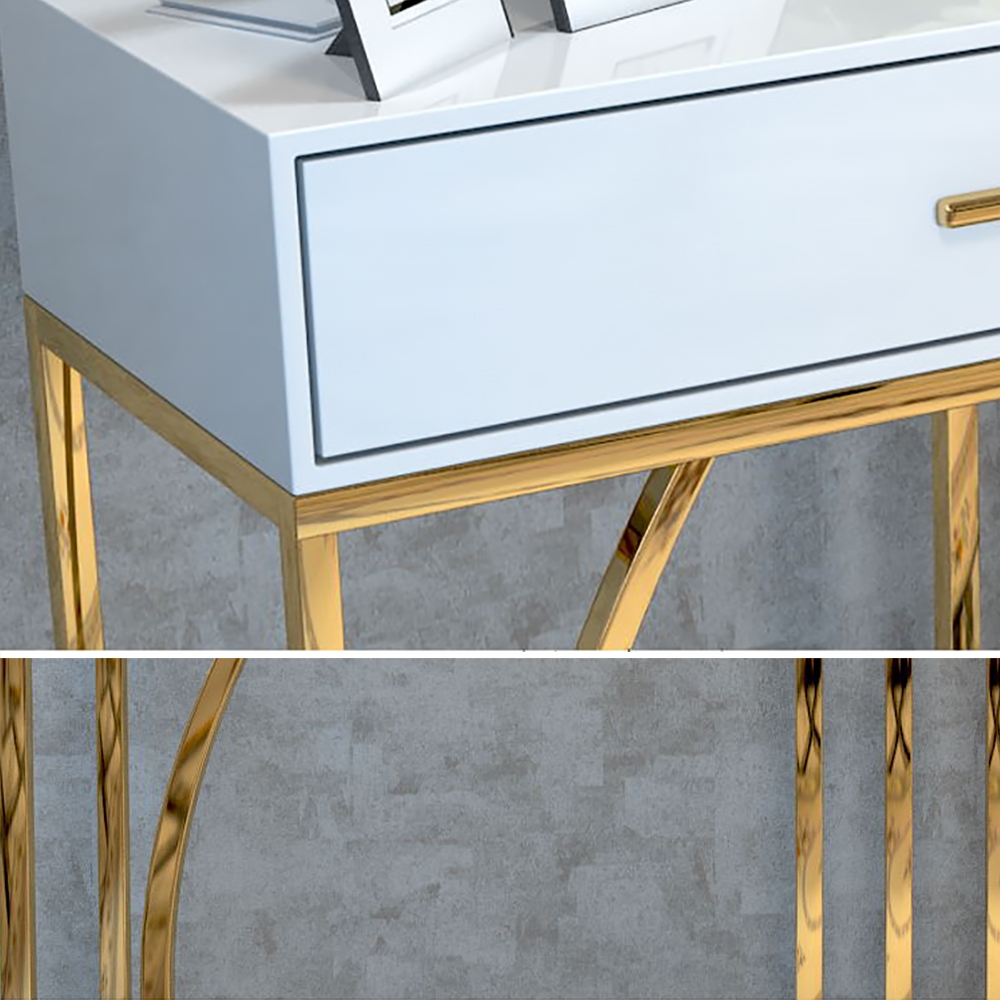 HMR - Modern MDF Top Console Table with Drawers and Stainless Steel Legs in White, 39.4"L