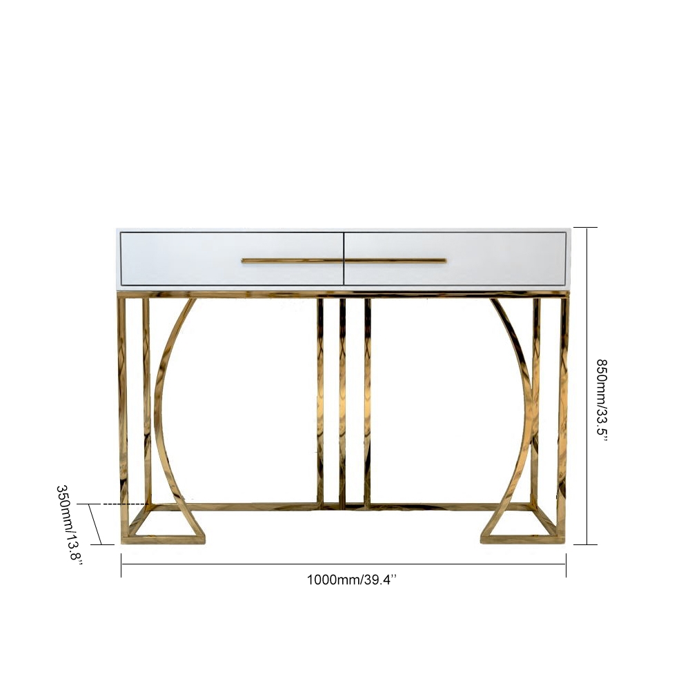 HMR - Modern MDF Top Console Table with Drawers and Stainless Steel Legs in White, 39.4"L
