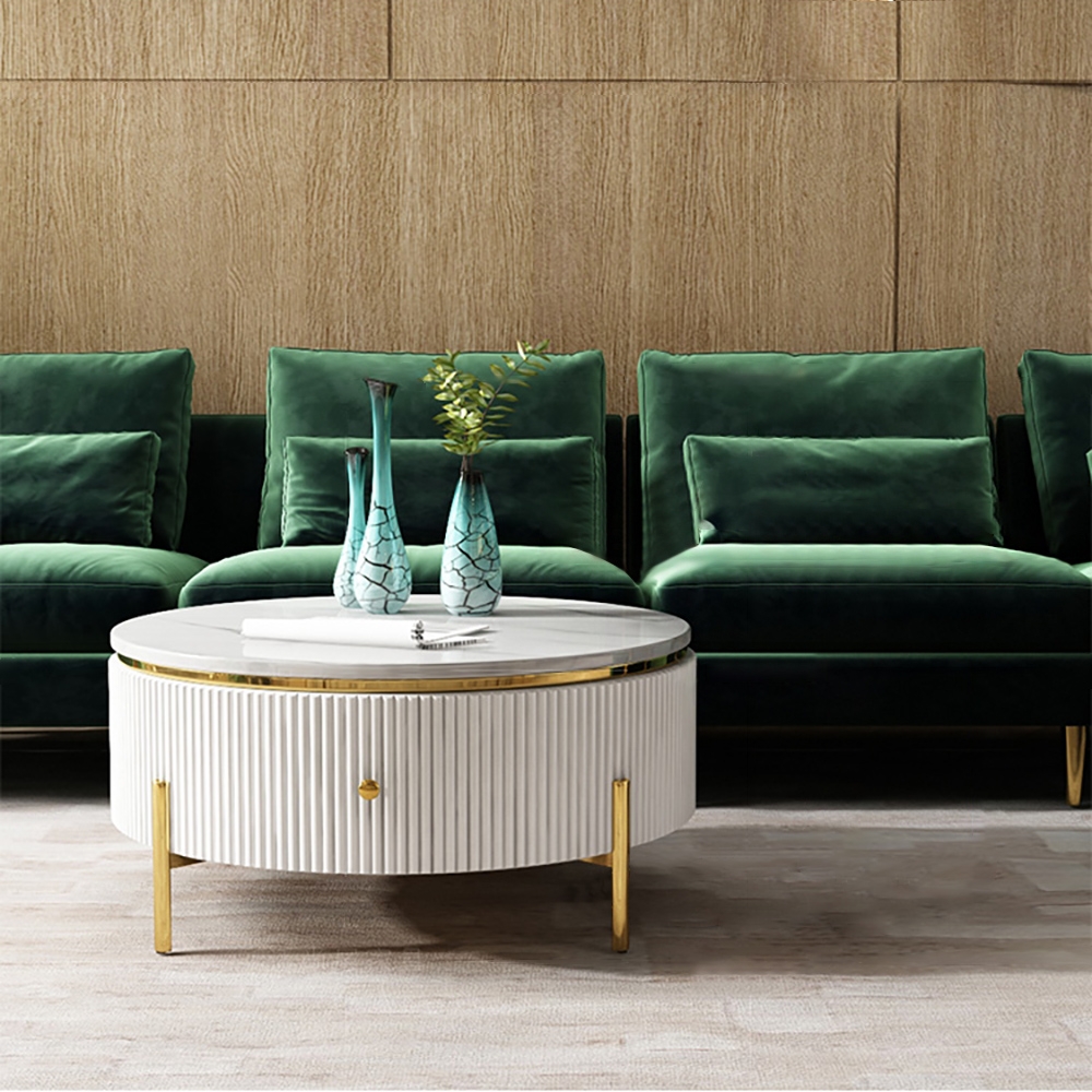 HMR - Round Coffee Table with Storage Marble Accent Table Stainless Steel in 31.5"Dia
