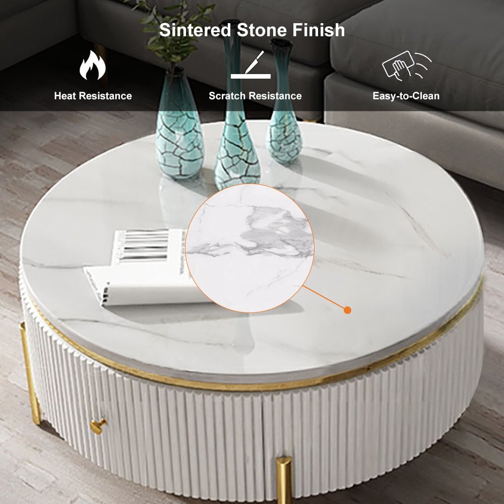 HMR - Round Coffee Table with Storage Marble Accent Table Stainless Steel in 31.5"Dia