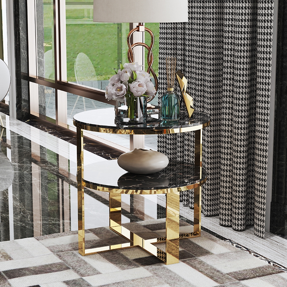 HMR - 2-Tier Round Marble End Table with Storage in Black