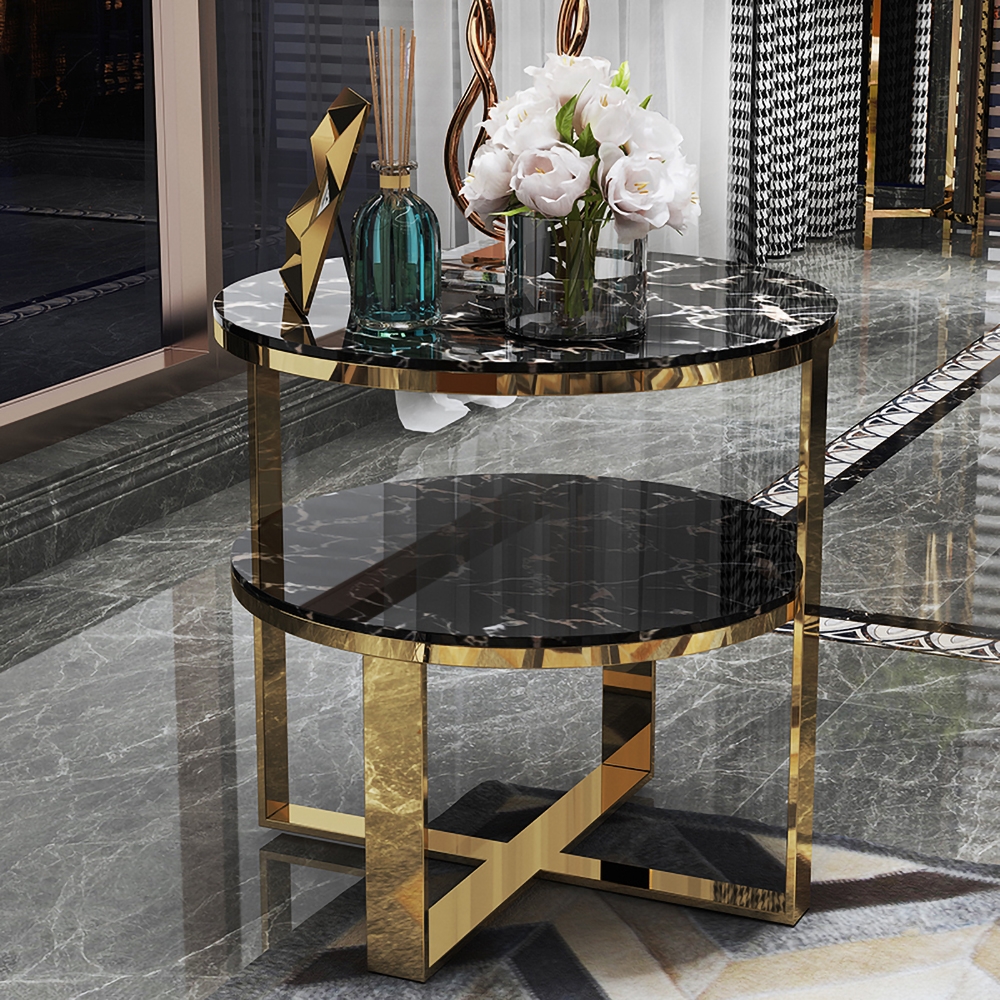 HMR - 2-Tier Round Marble End Table with Storage in Black