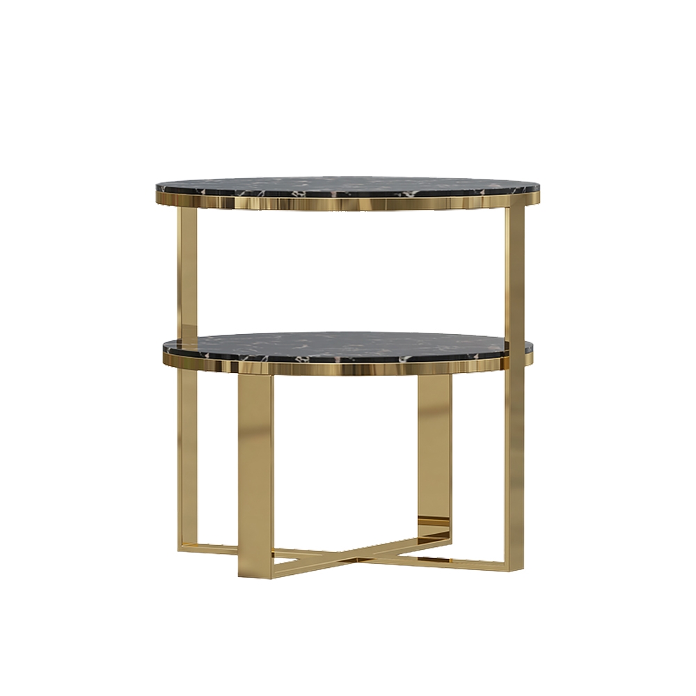 HMR - 2-Tier Round Marble End Table with Storage in Black