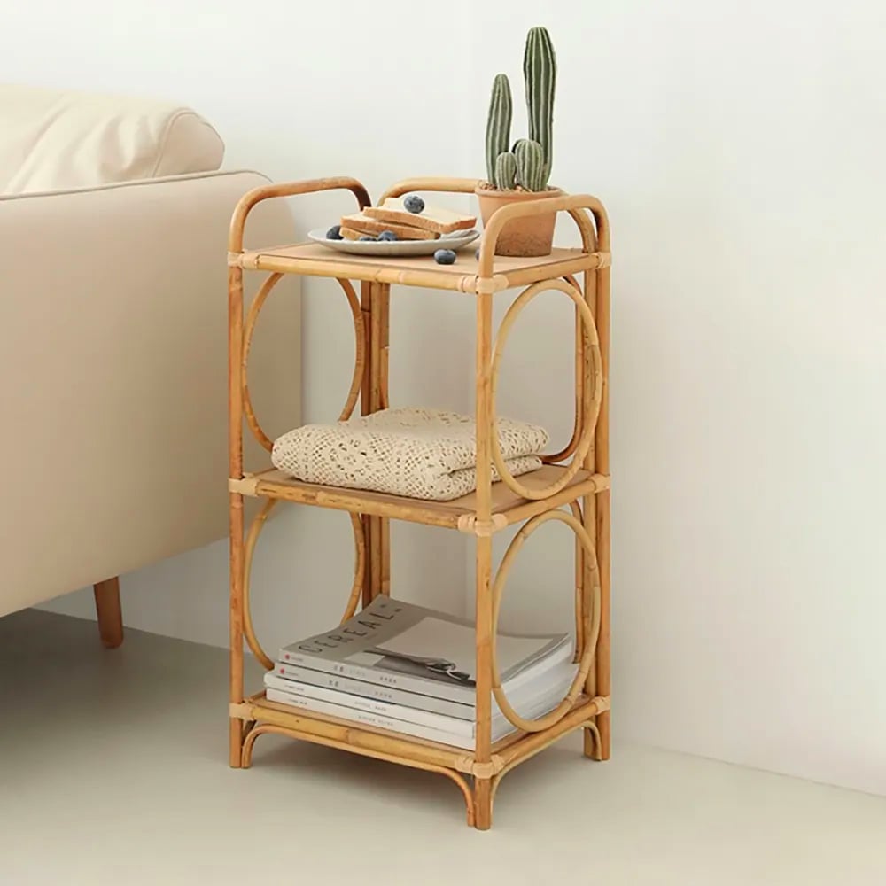 HMR - Farmhouse Side Table with 3-Tier End Table in Wood and Rattan