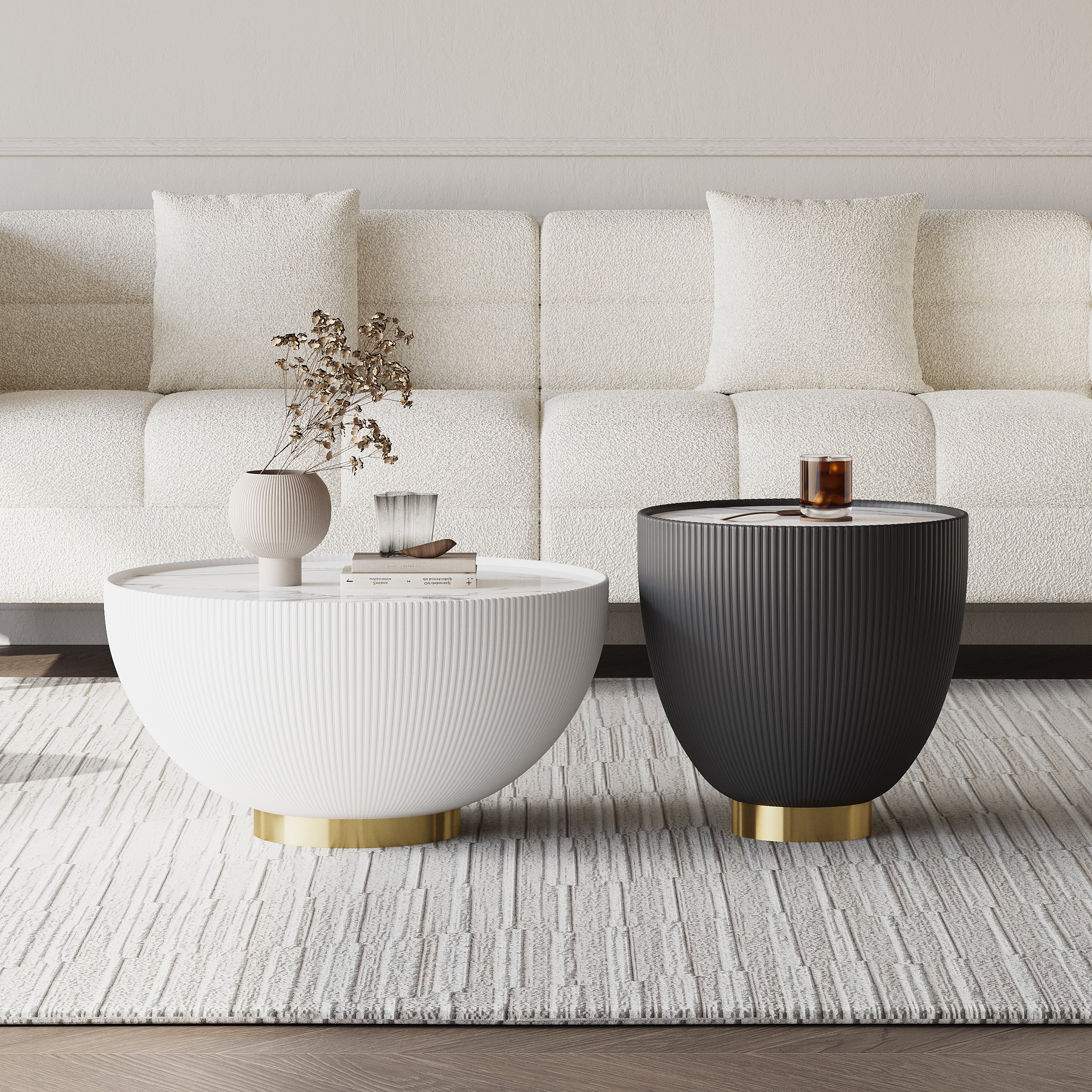 HMR - Round Sintered Stone Leather Drum Coffee Table Set (20"-28")