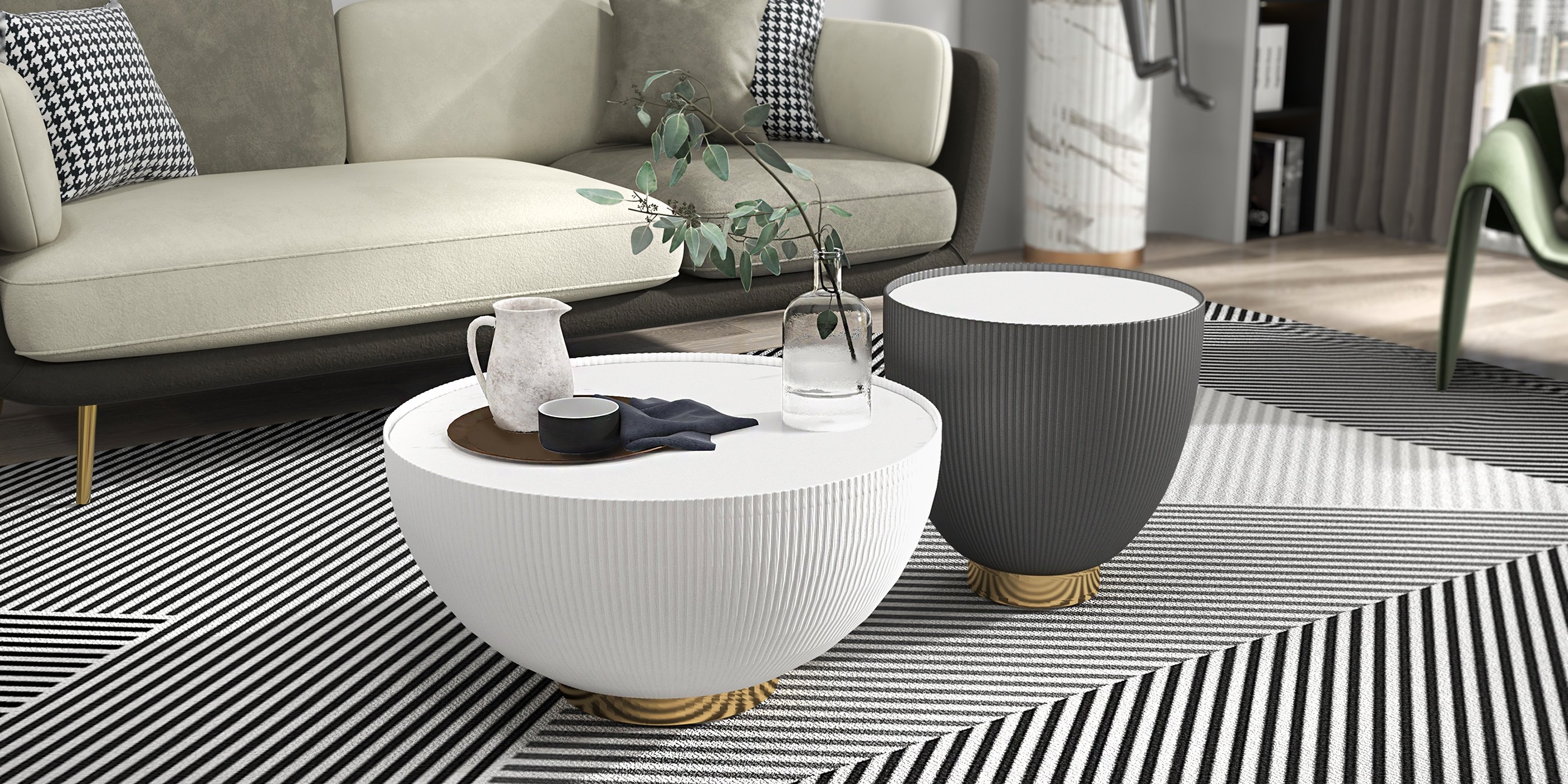 HMR - Round Sintered Stone Leather Drum Coffee Table Set (20"-28")