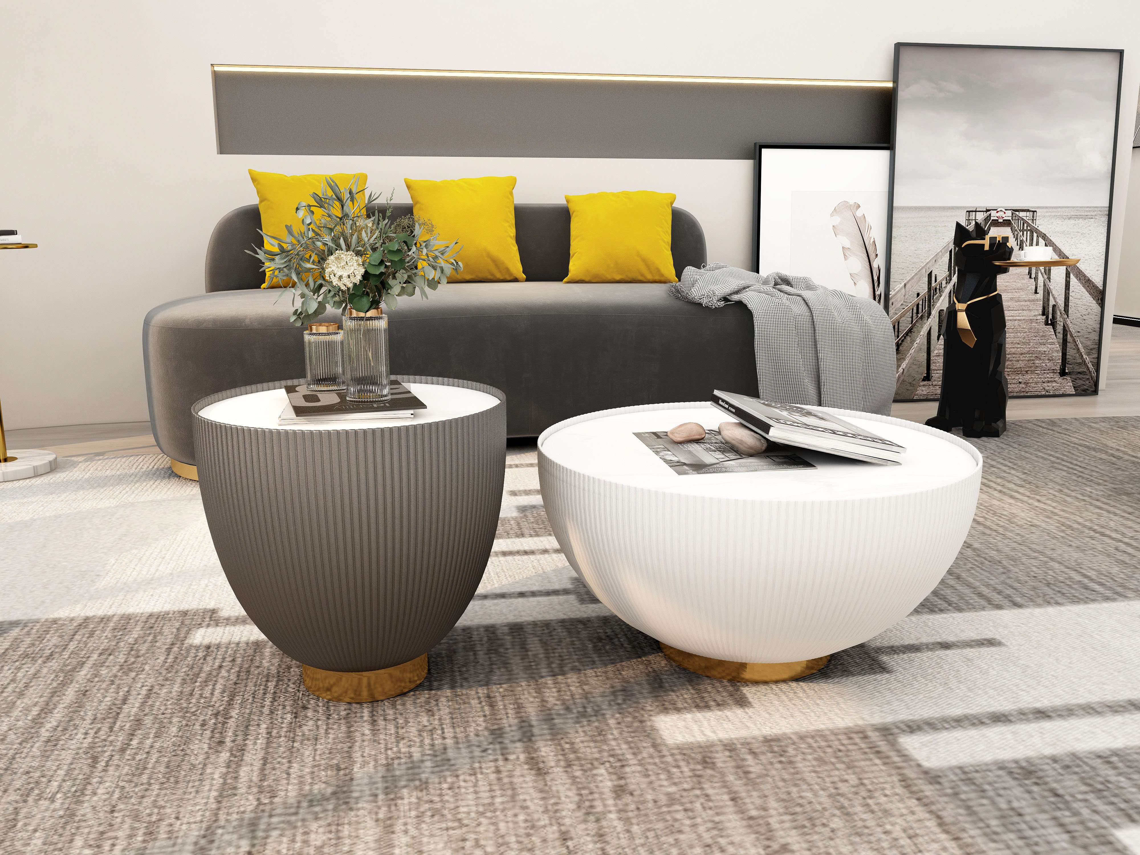 HMR - Round Sintered Stone Leather Drum Coffee Table Set (20"-28")