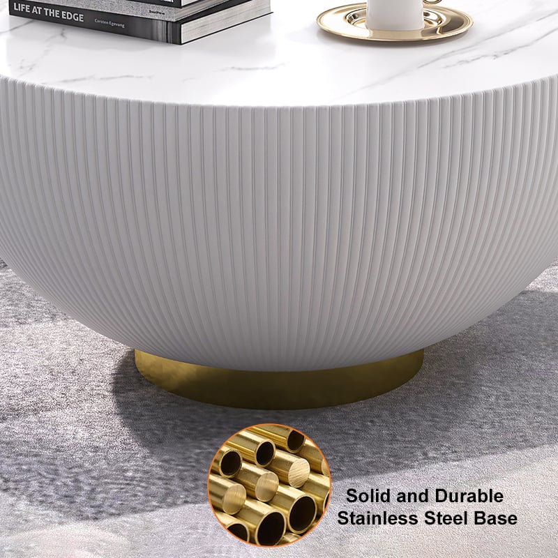 HMR Round Sintered Stone Leather Drum Coffee Table - Beige, 28"