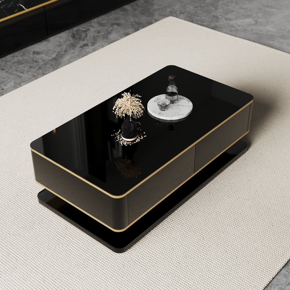 HMR Gapn Series Rectangular Coffee Table with Storage - Black, Tempered Glass