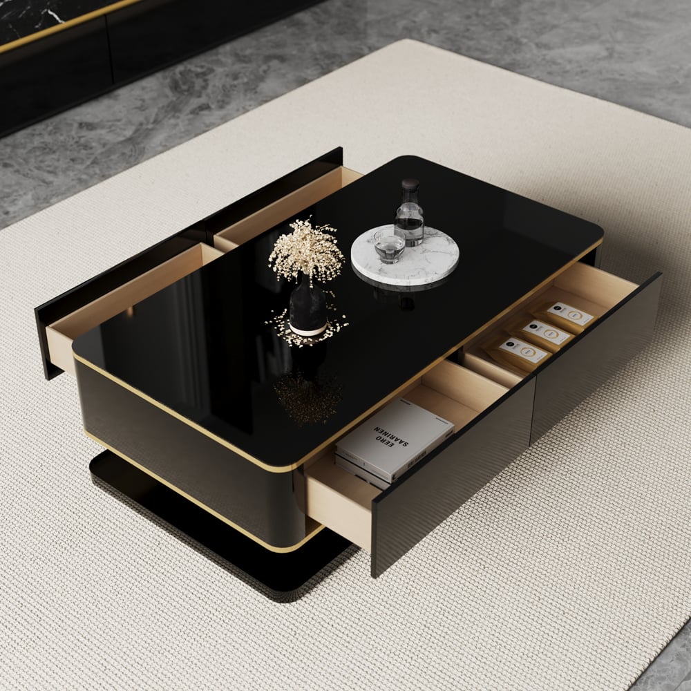 HMR Gapn Series Rectangular Coffee Table with Storage - Black, Tempered Glass