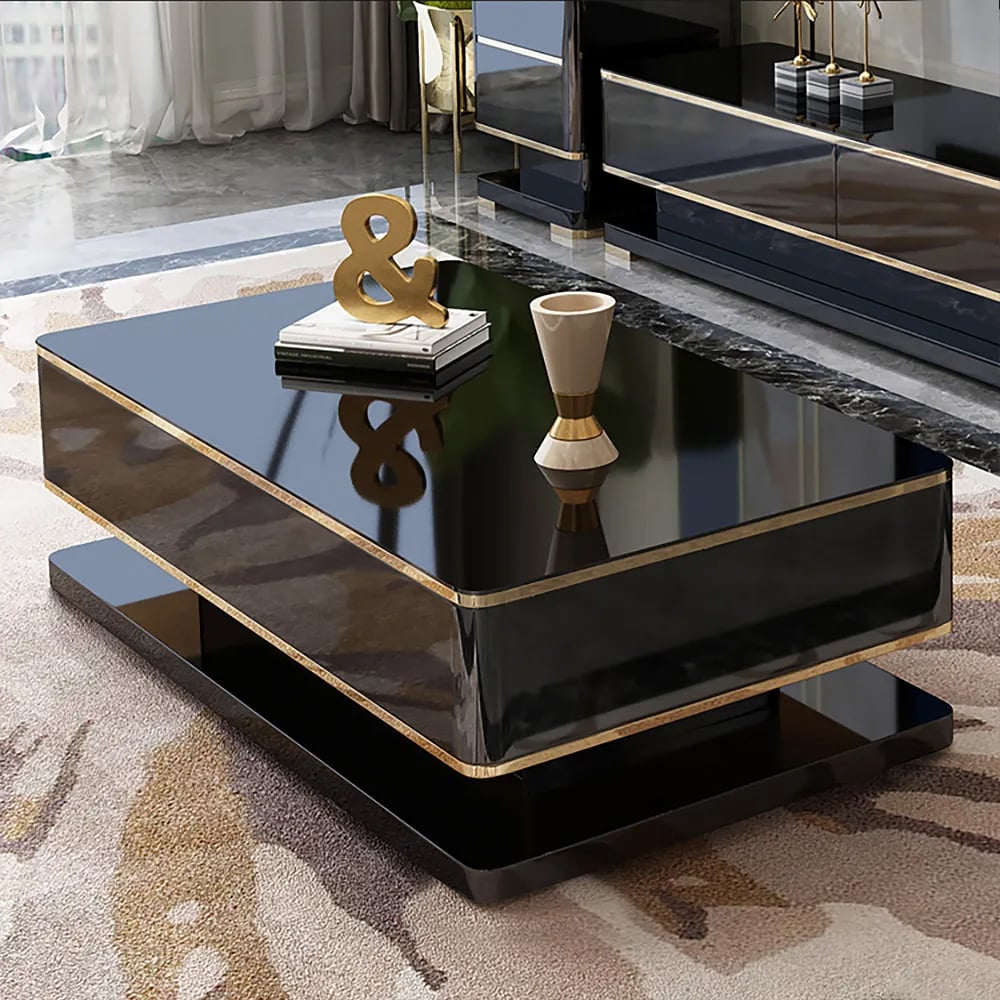 HMR Gapn Series Rectangular Coffee Table with Storage - Black, Tempered Glass