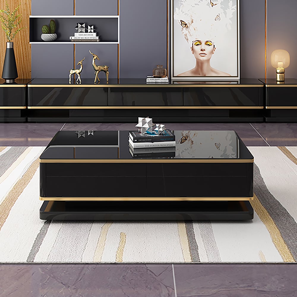HMR Gapn Series Rectangular Coffee Table with Storage - Black, Tempered Glass