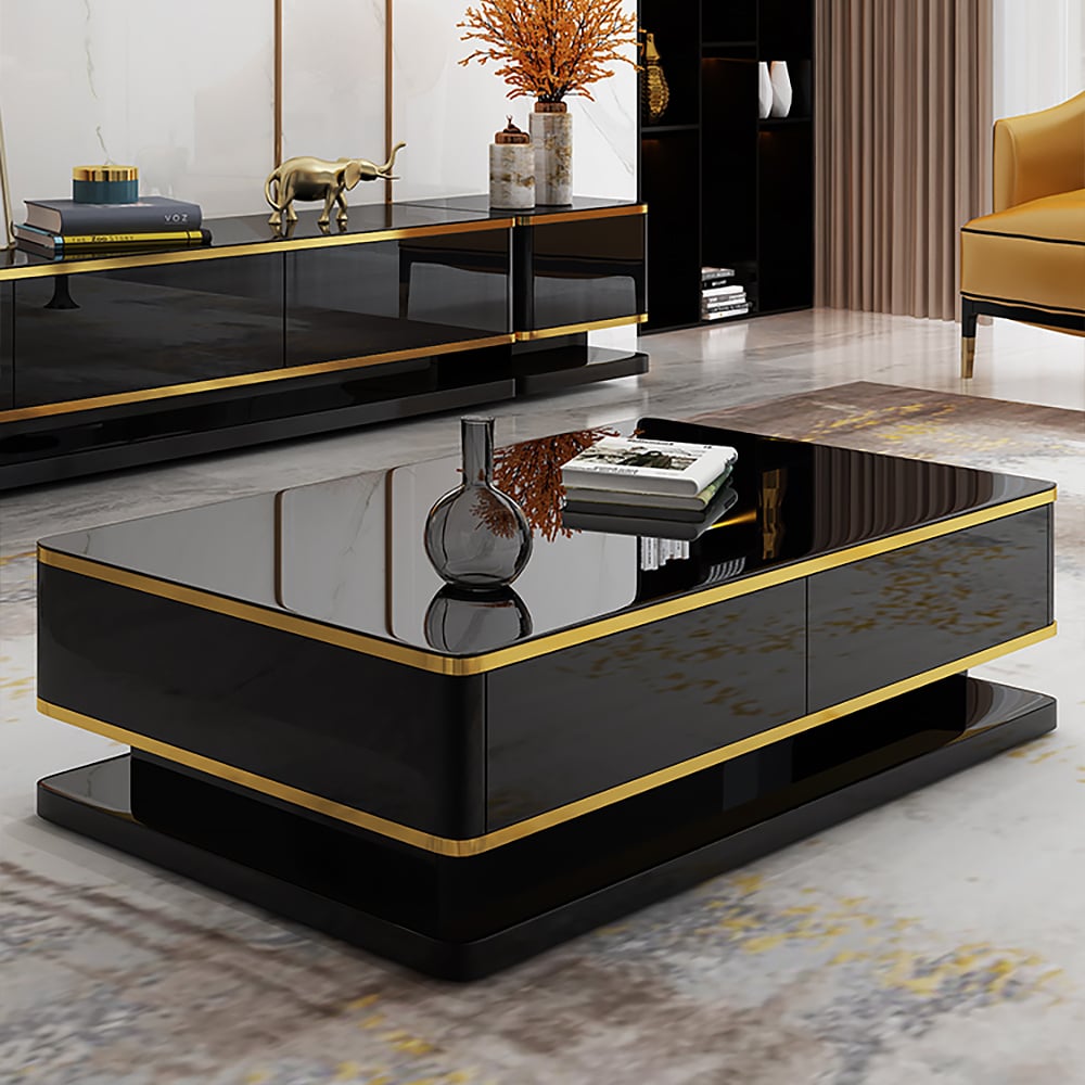 HMR Gapn Series Rectangular Coffee Table with Storage - Black, Tempered Glass