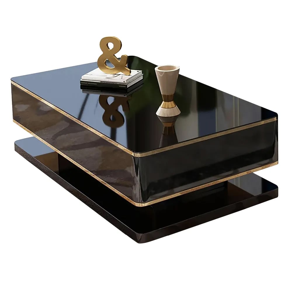 HMR Gapn Series Rectangular Coffee Table with Storage - Black, Tempered Glass