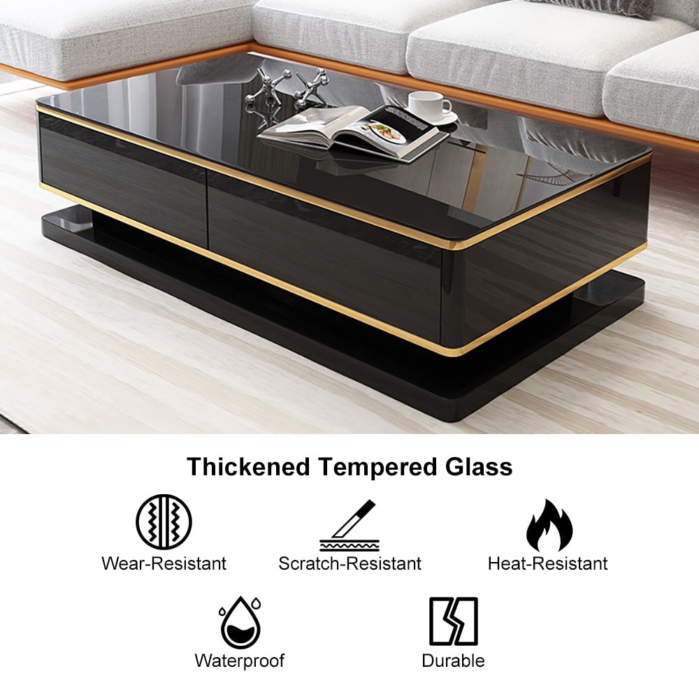 HMR Gapn Series Rectangular Coffee Table with Storage - Black, Tempered Glass