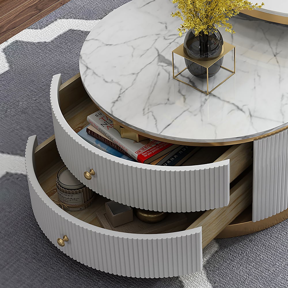 HMR - Plalue 2 Pieces Round Nesting Wooden Coffee Table with Drawers in White