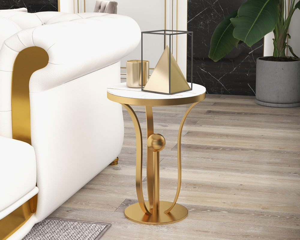 HMR Modern Round End Table with Stream-Lined Metal Pedestal - White