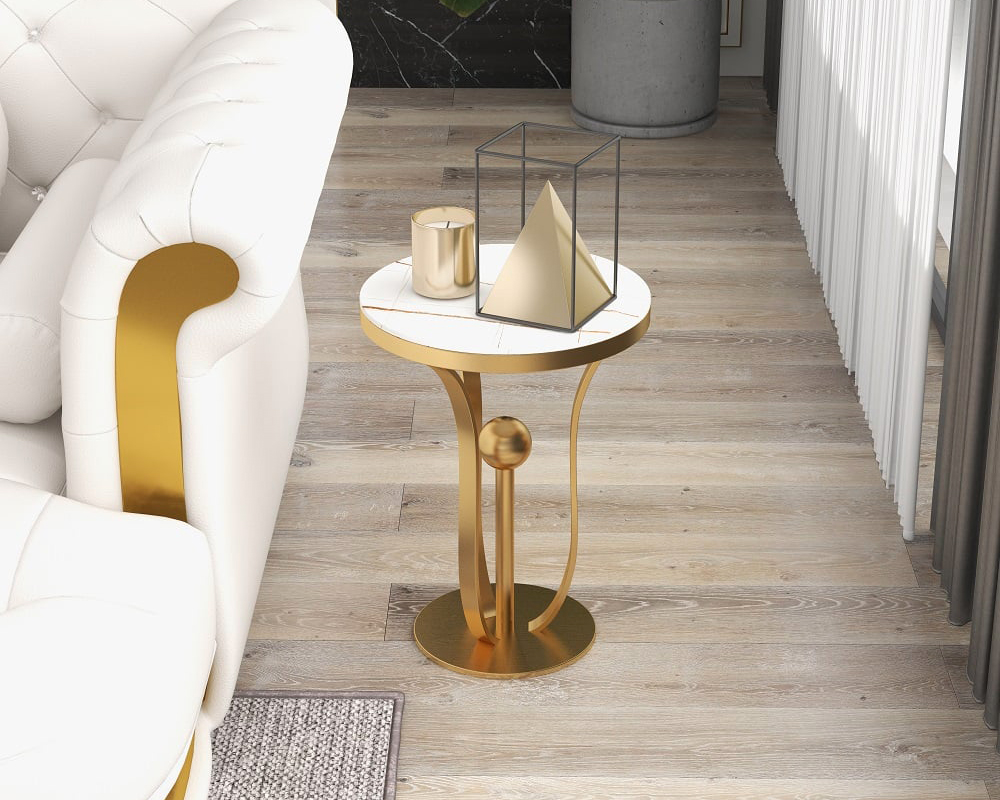 HMR Modern Round End Table with Stream-Lined Metal Pedestal - White