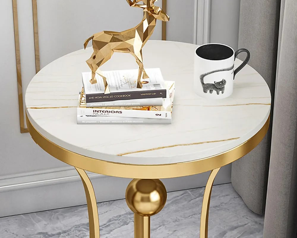 HMR Modern Round End Table with Stream-Lined Metal Pedestal - White