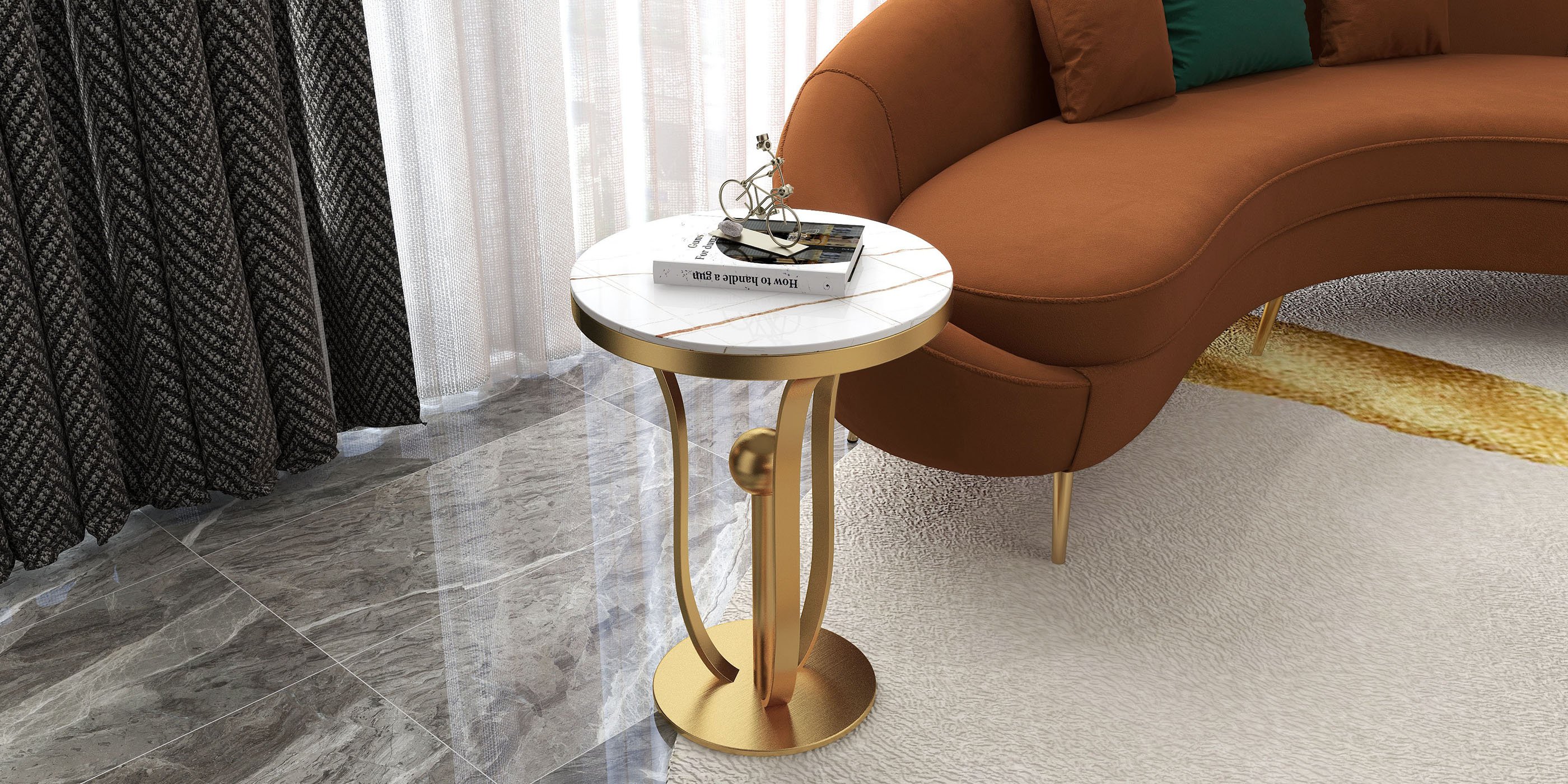 HMR Modern Round End Table with Stream-Lined Metal Pedestal - White