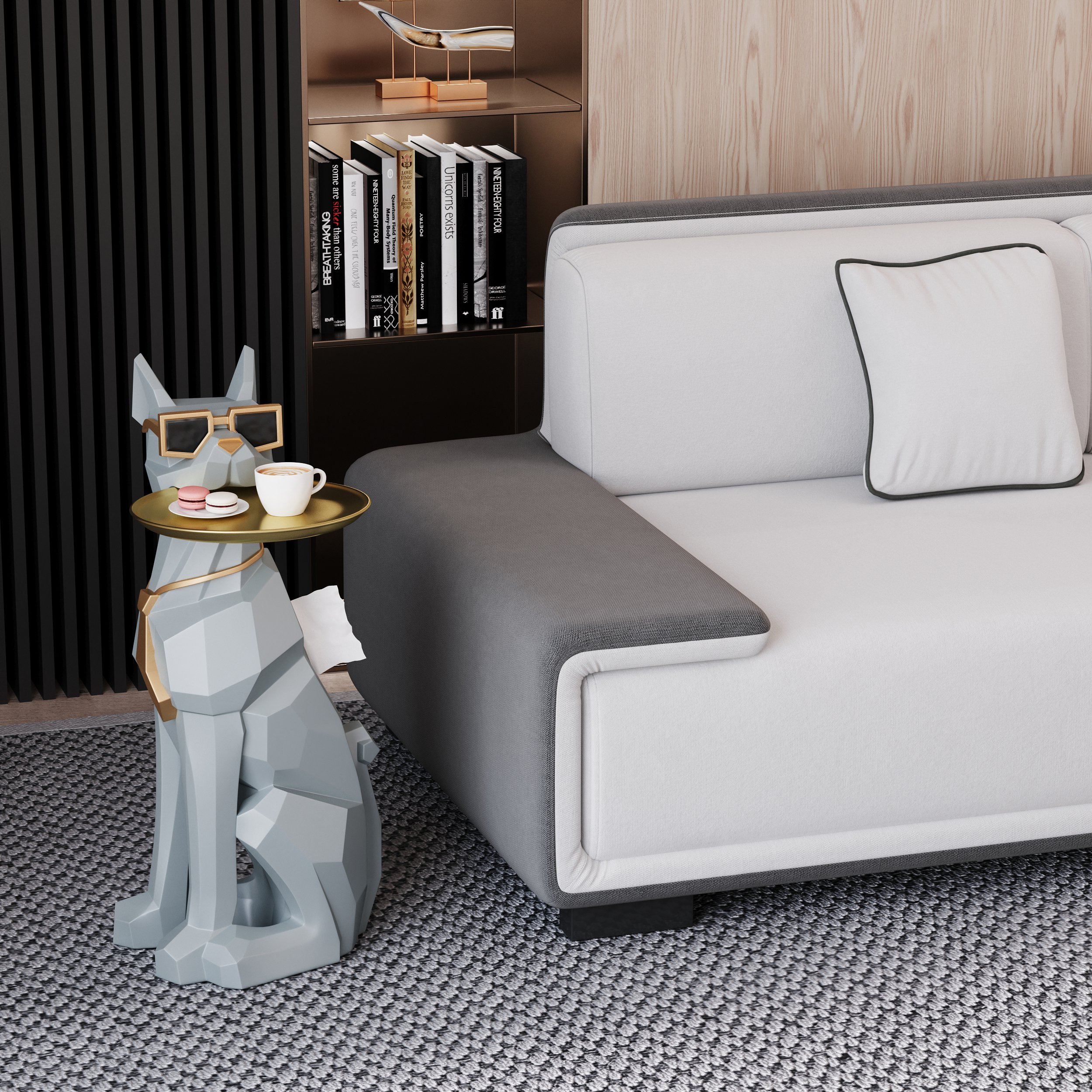 HMR Dog Sculpture Resin Side Table with Tray Top & Tissue Box - Gray