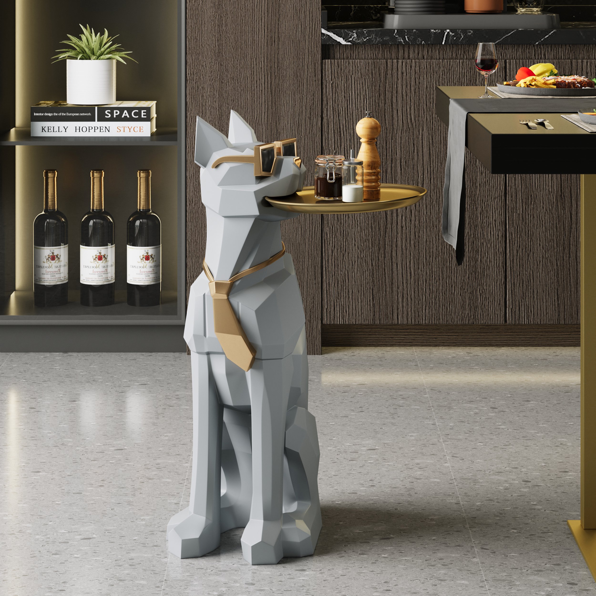 HMR Dog Sculpture Resin Side Table with Tray Top & Tissue Box - Gray