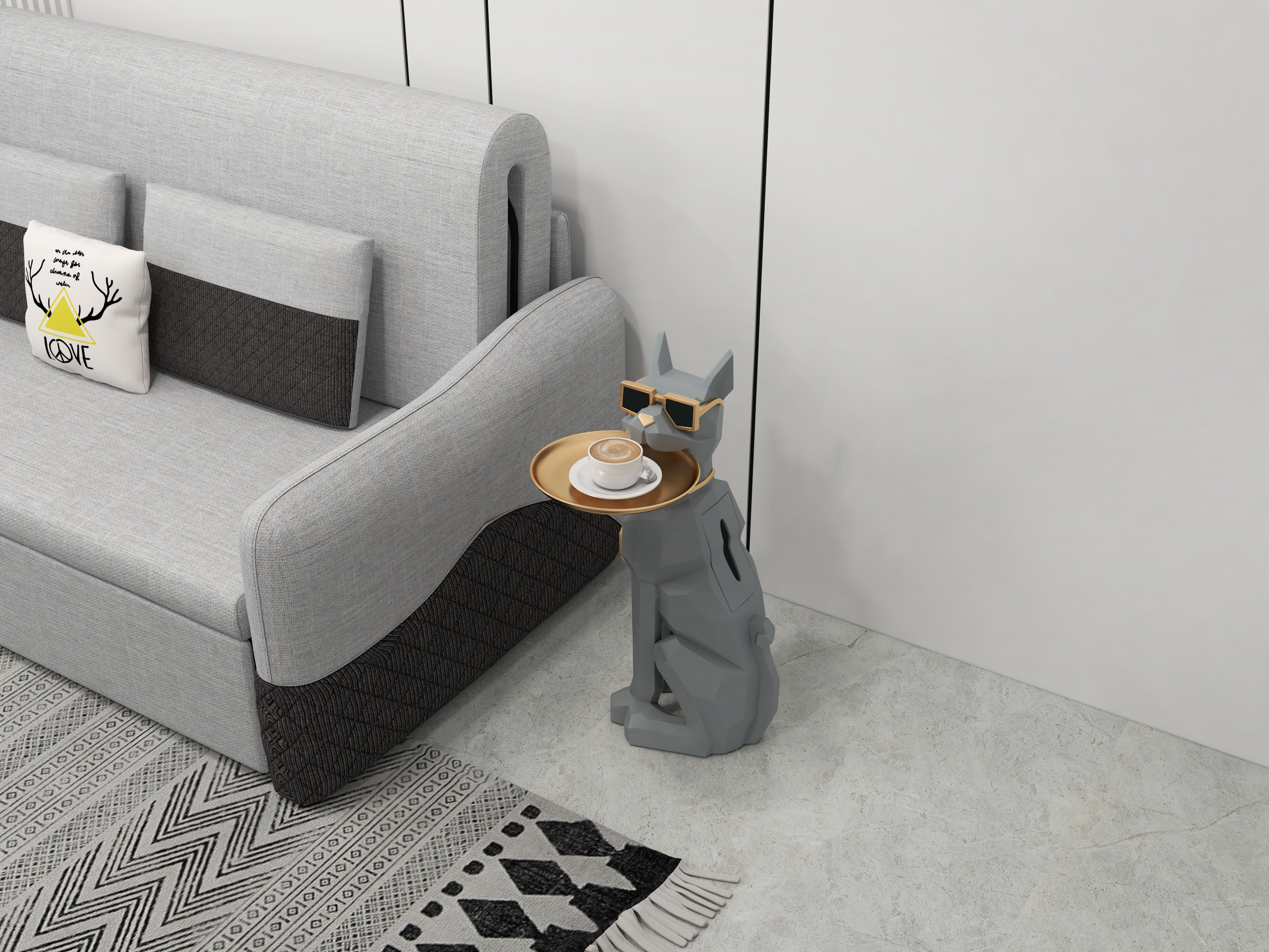 HMR Dog Sculpture Resin Side Table with Tray Top & Tissue Box - Gray