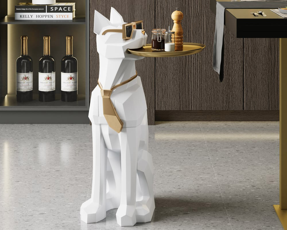 HMR Dog Sculpture Resin Side Table with Tray Top & Tissue Box - White