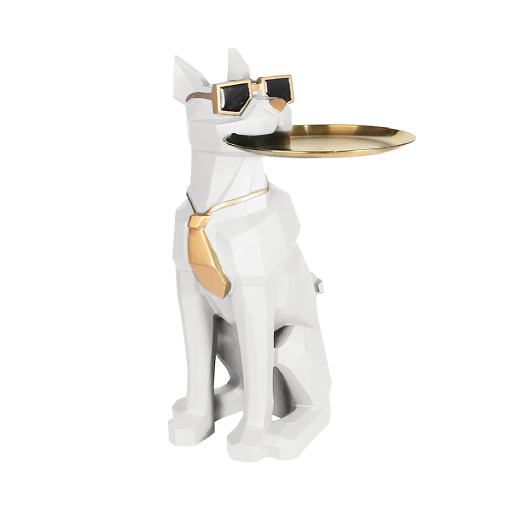 HMR Dog Sculpture Resin Side Table with Tray Top & Tissue Box - White