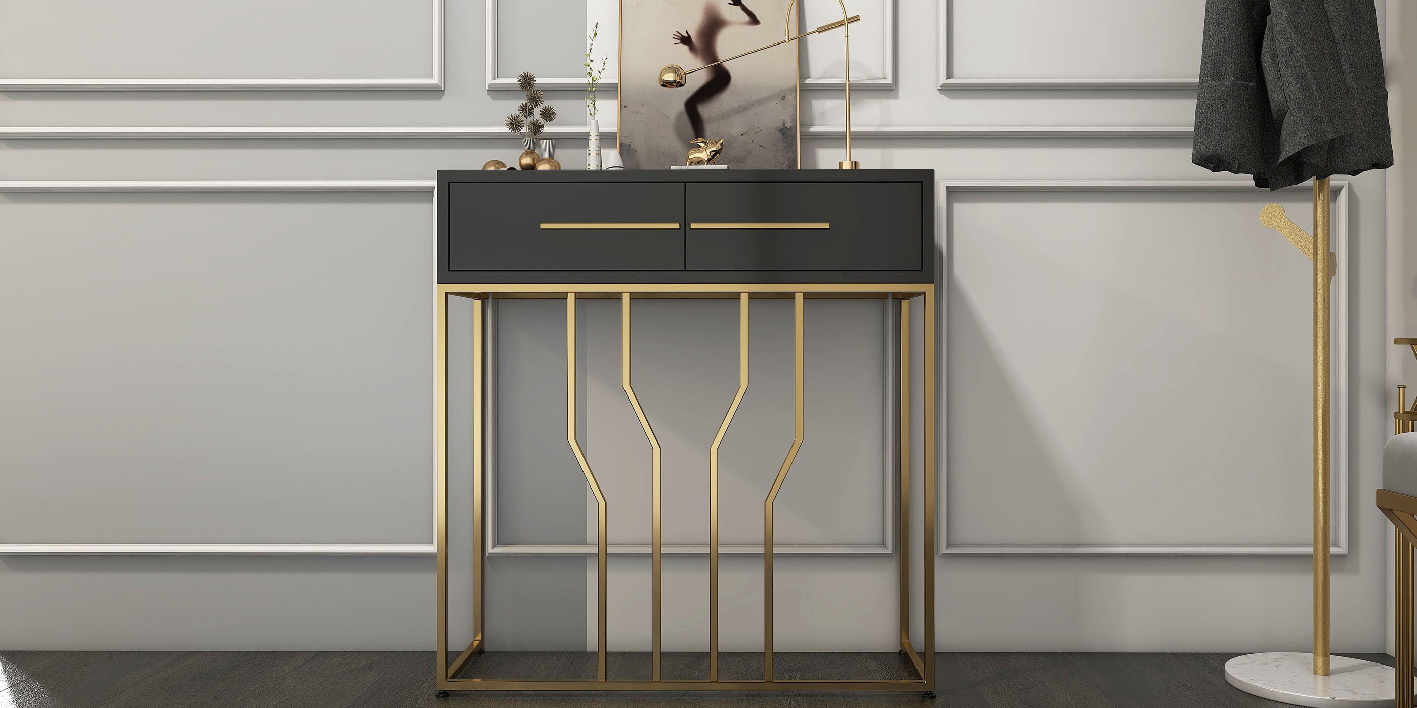 HMR Modern Narrow Console Table with Storage & Drawers - Black