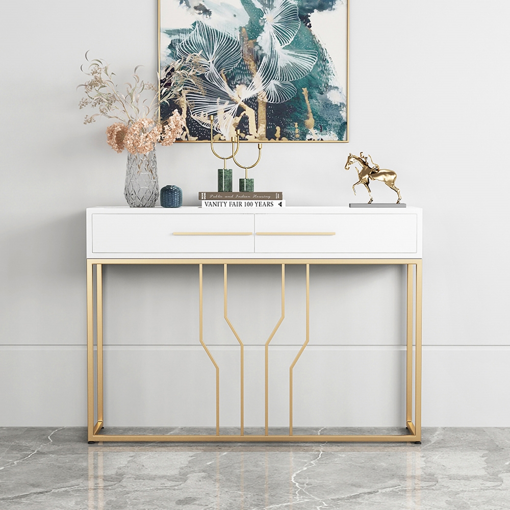 HMR Modern Narrow Console Table with Storage & Drawers - White