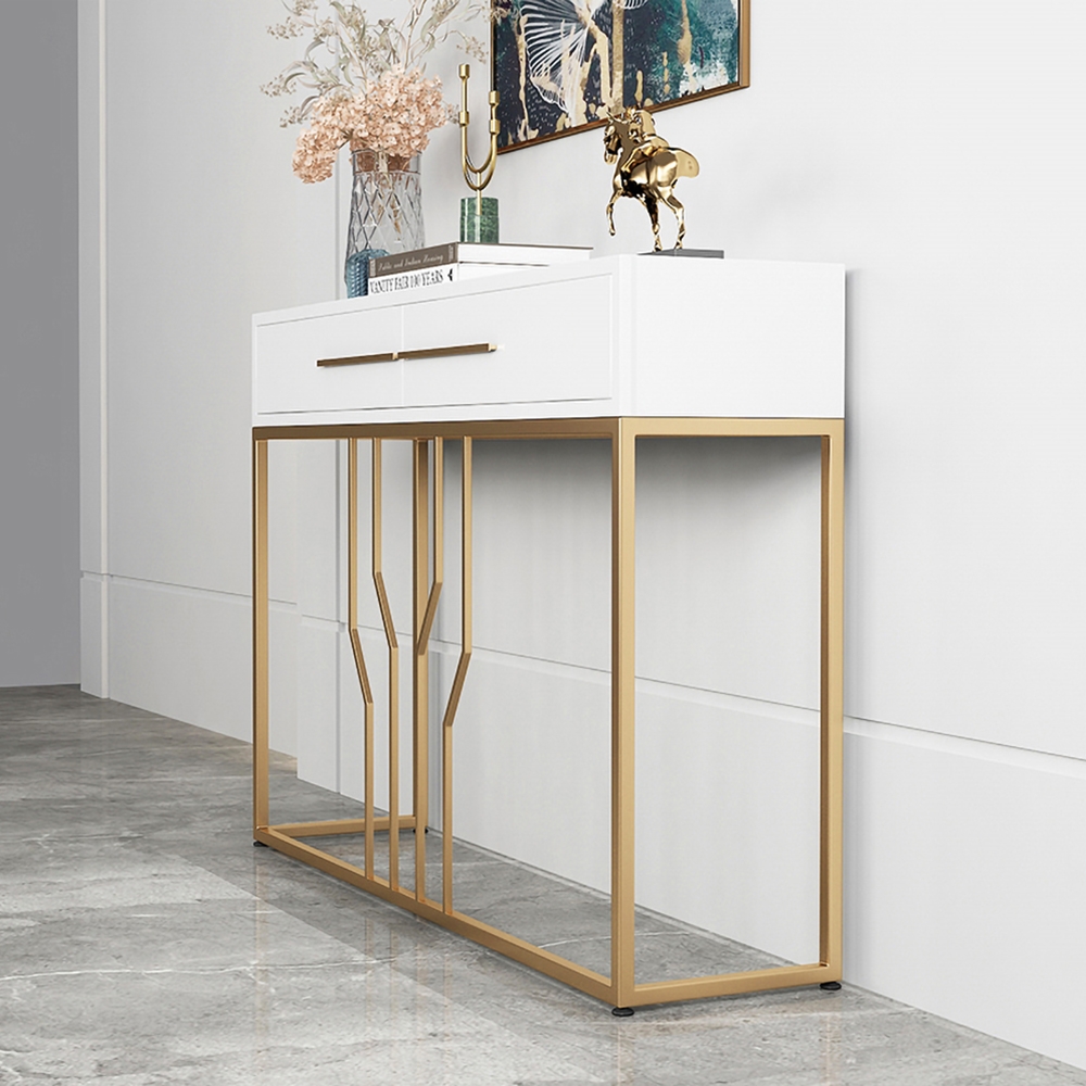 HMR Modern Narrow Console Table with Storage & Drawers - White