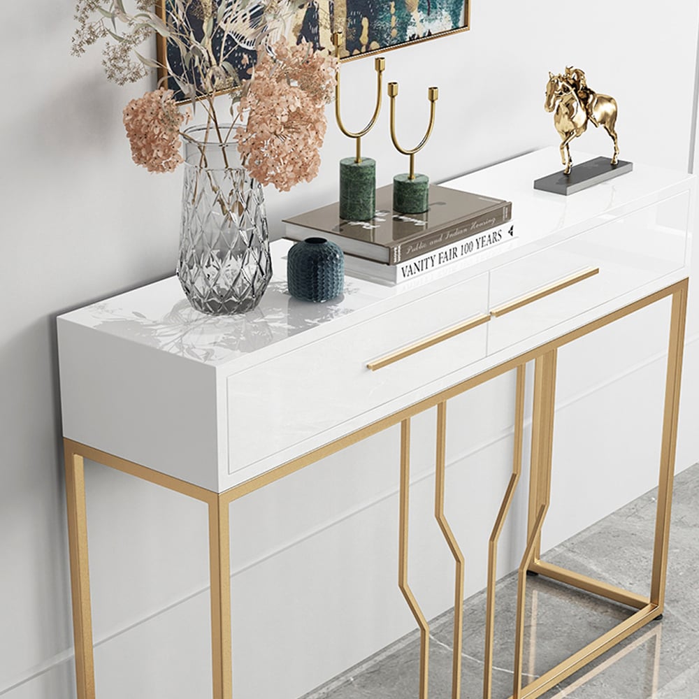 HMR Modern Narrow Console Table with Storage & Drawers - White
