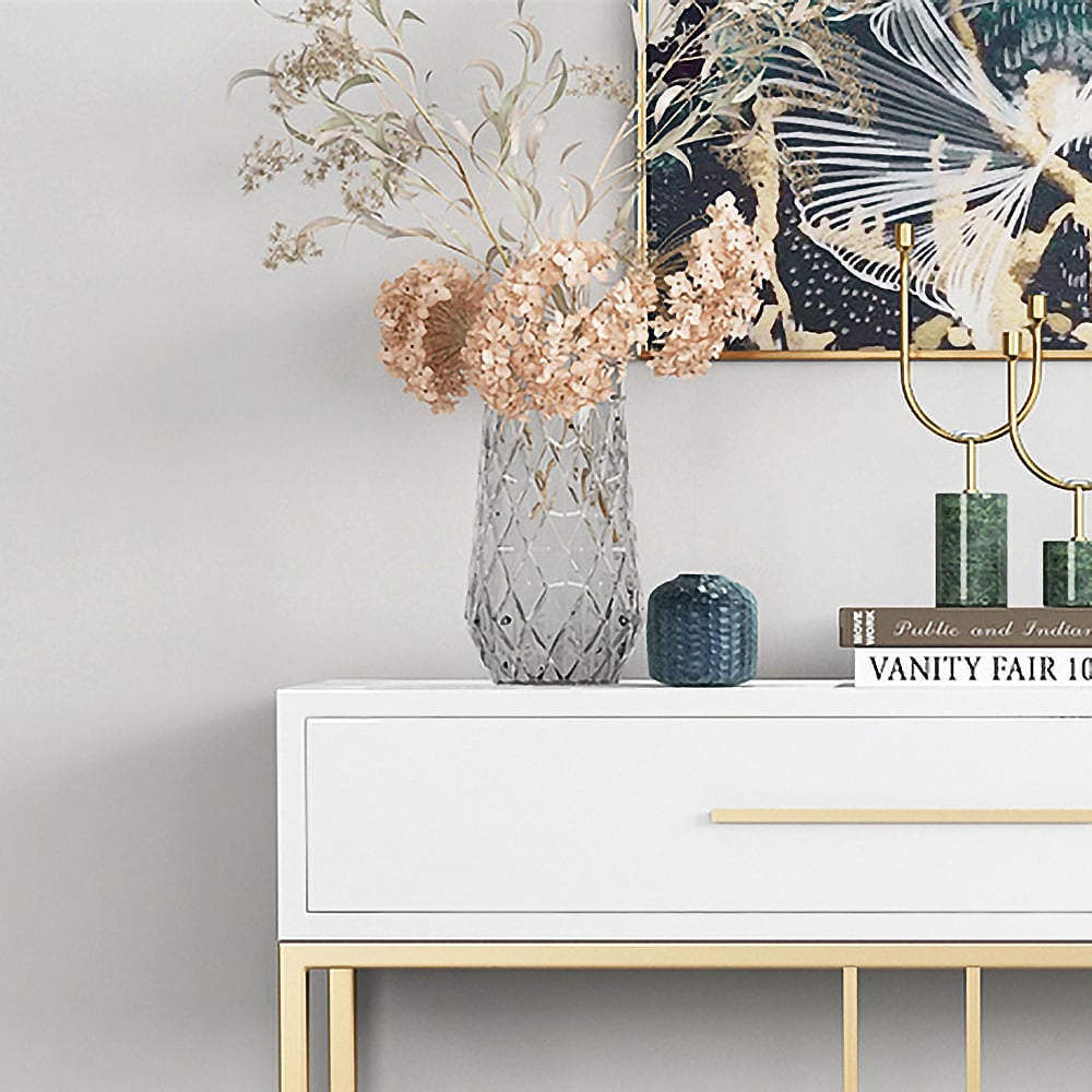 HMR Modern Narrow Console Table with Storage & Drawers - White