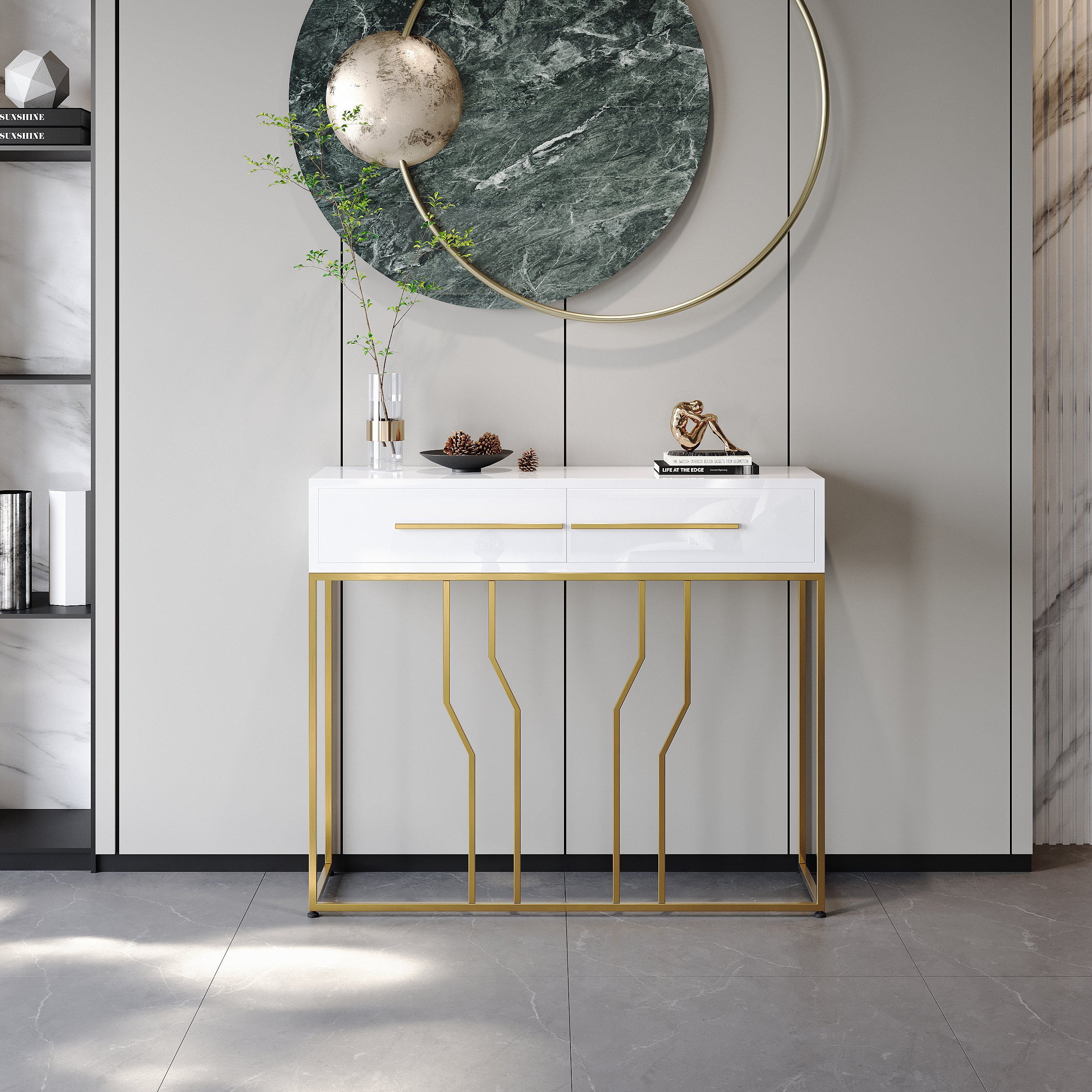HMR Modern Narrow Console Table with Storage & Drawers - White