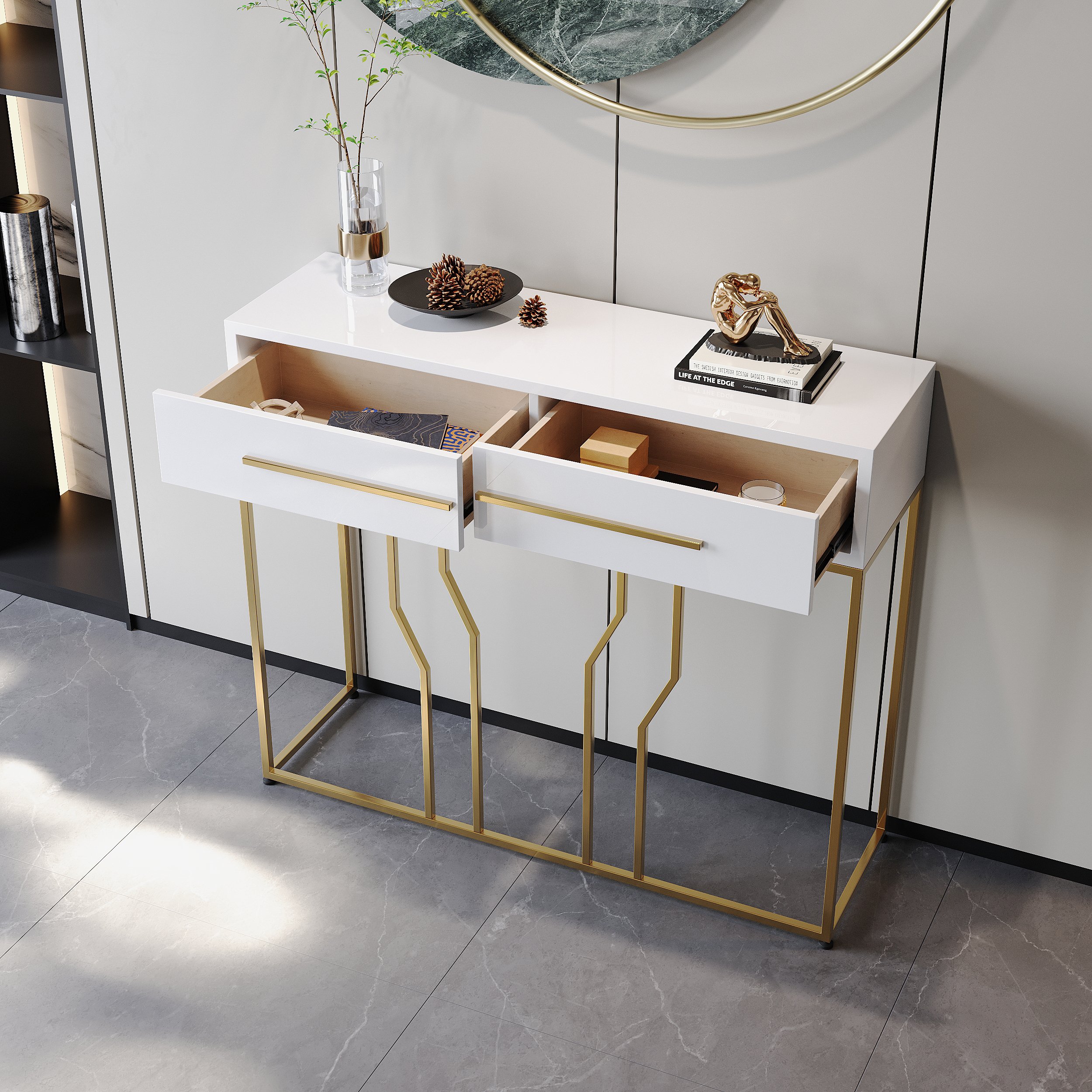 HMR Modern Narrow Console Table with Storage & Drawers - White