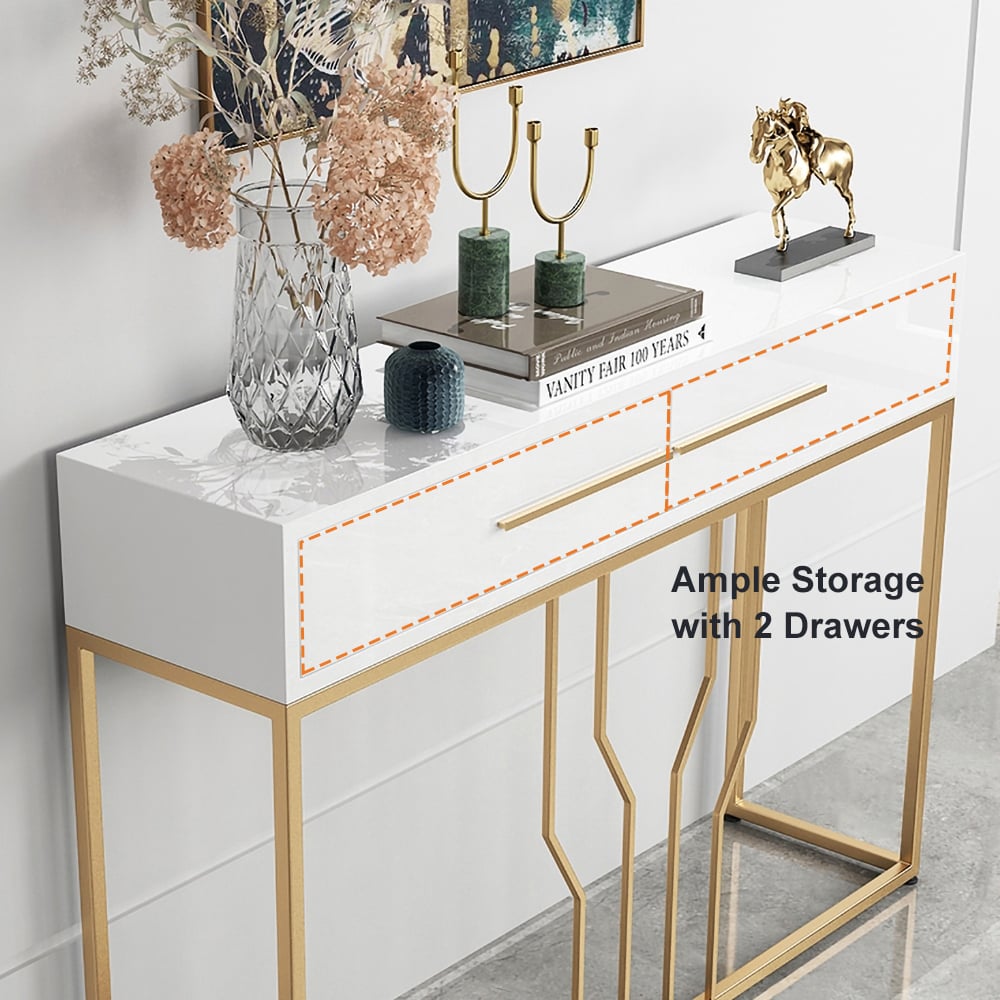 HMR Modern Narrow Console Table with Storage & Drawers - White