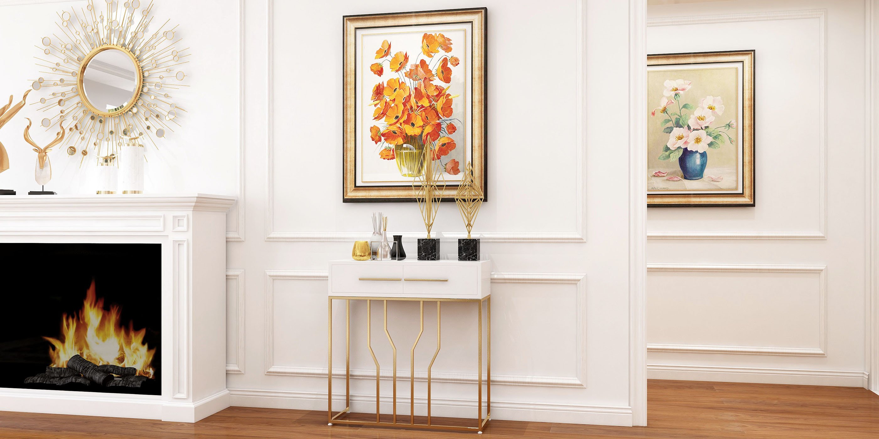 HMR Modern Narrow Console Table with Storage & Drawers - White