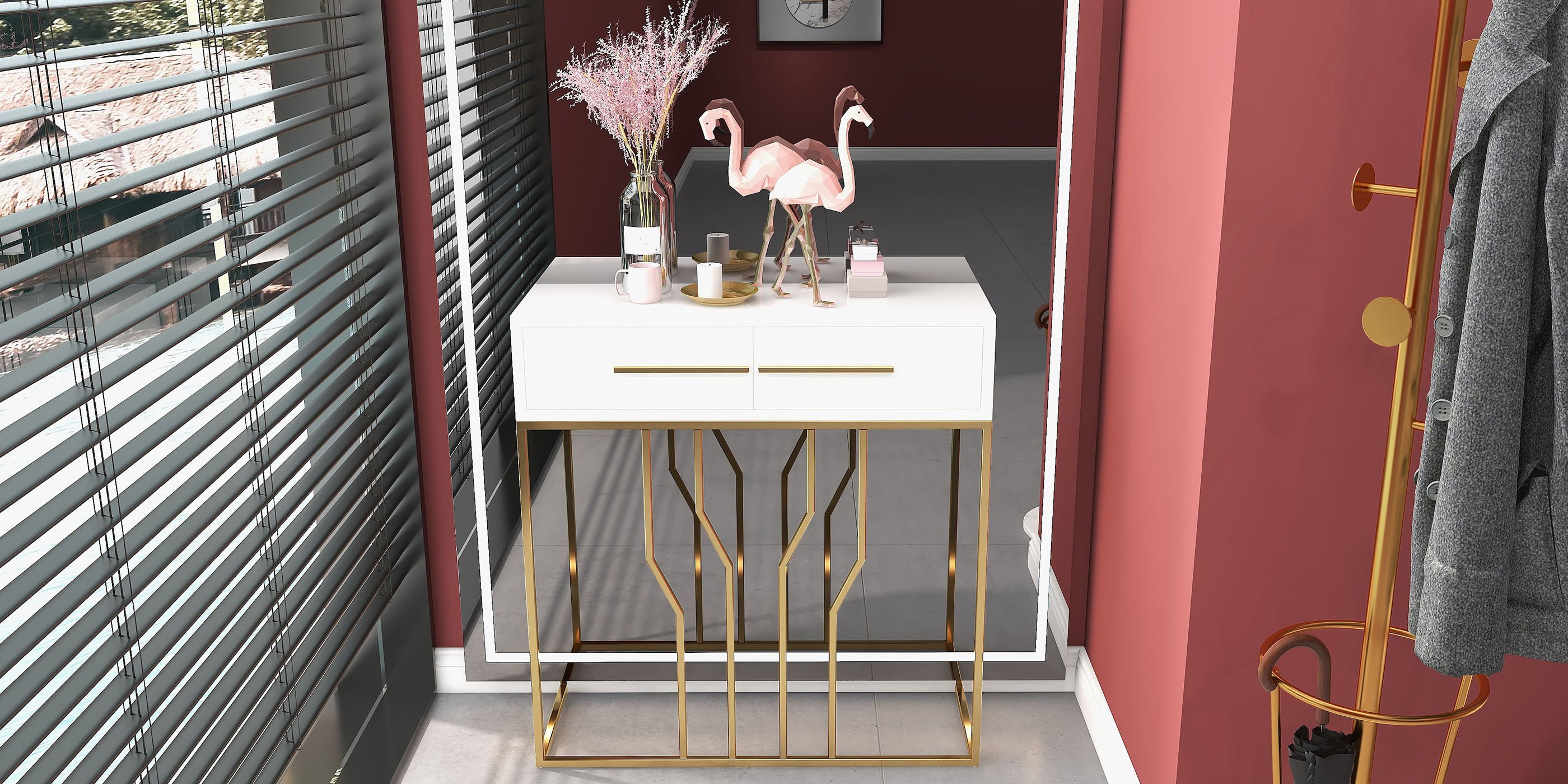 HMR Modern Narrow Console Table with Storage & Drawers - White