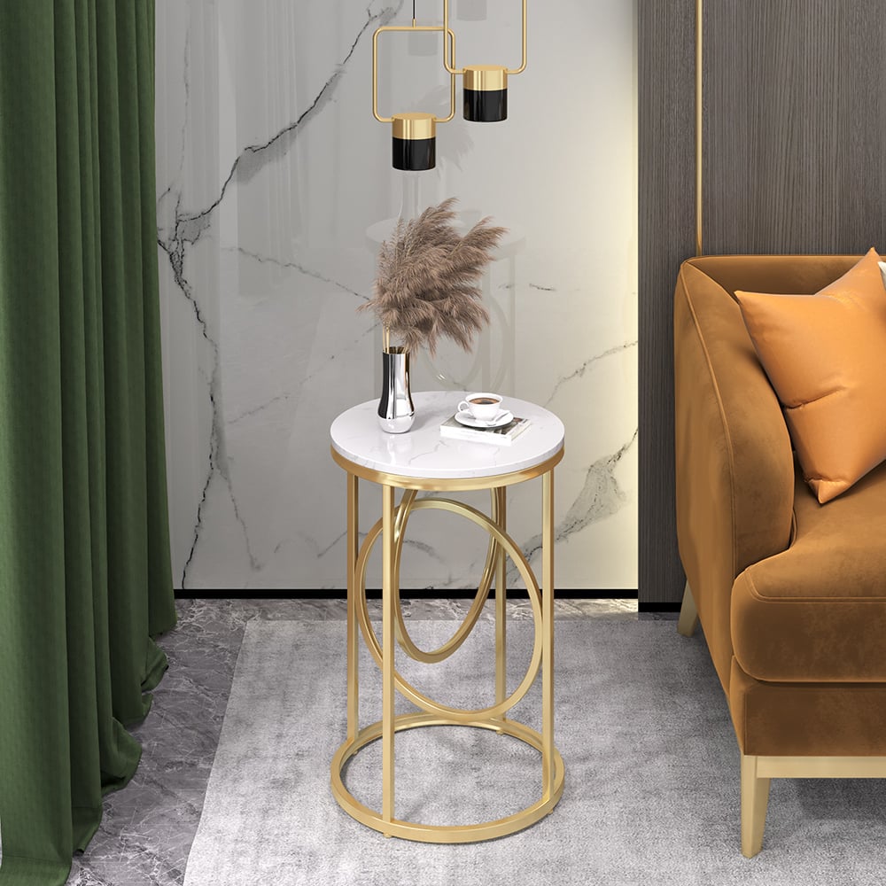 HMR - End Table Marble Top Side Table Metal in White