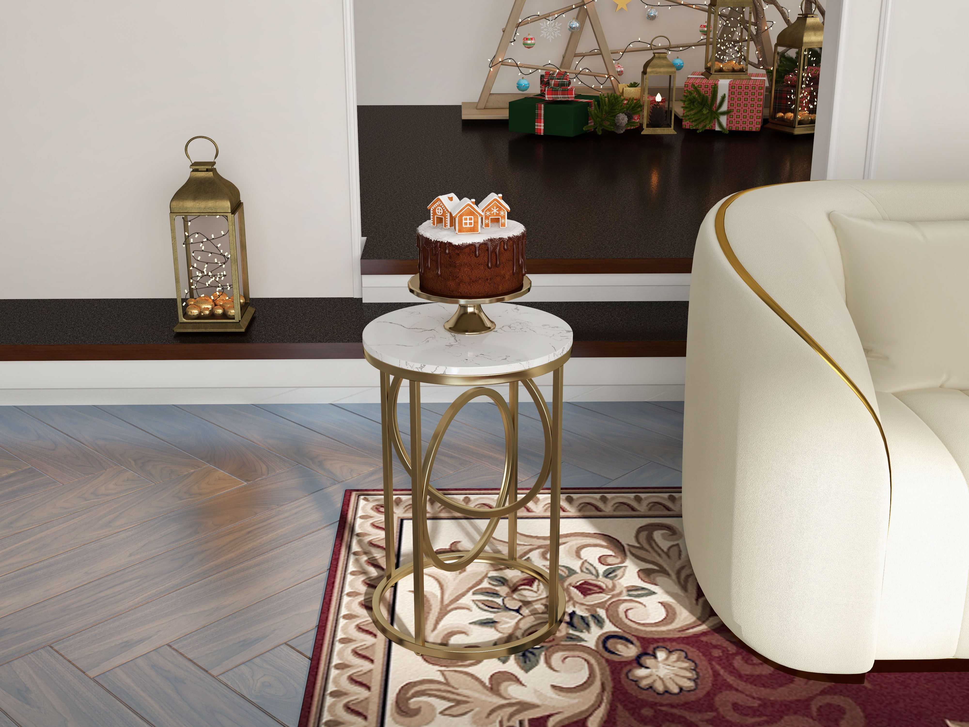 HMR - End Table Marble Top Side Table Metal in White