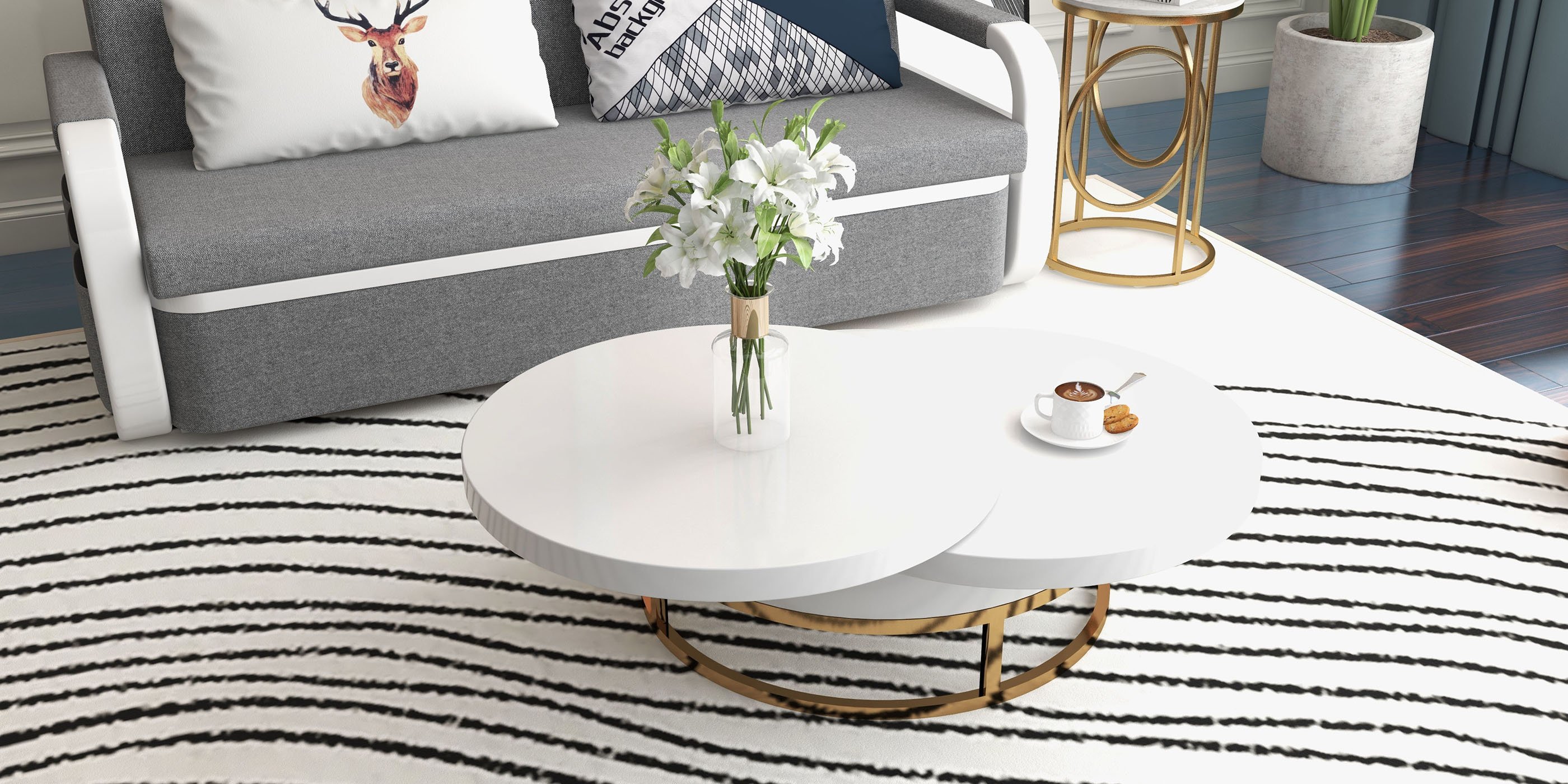 HMR - End Table Marble Top Side Table Metal in White