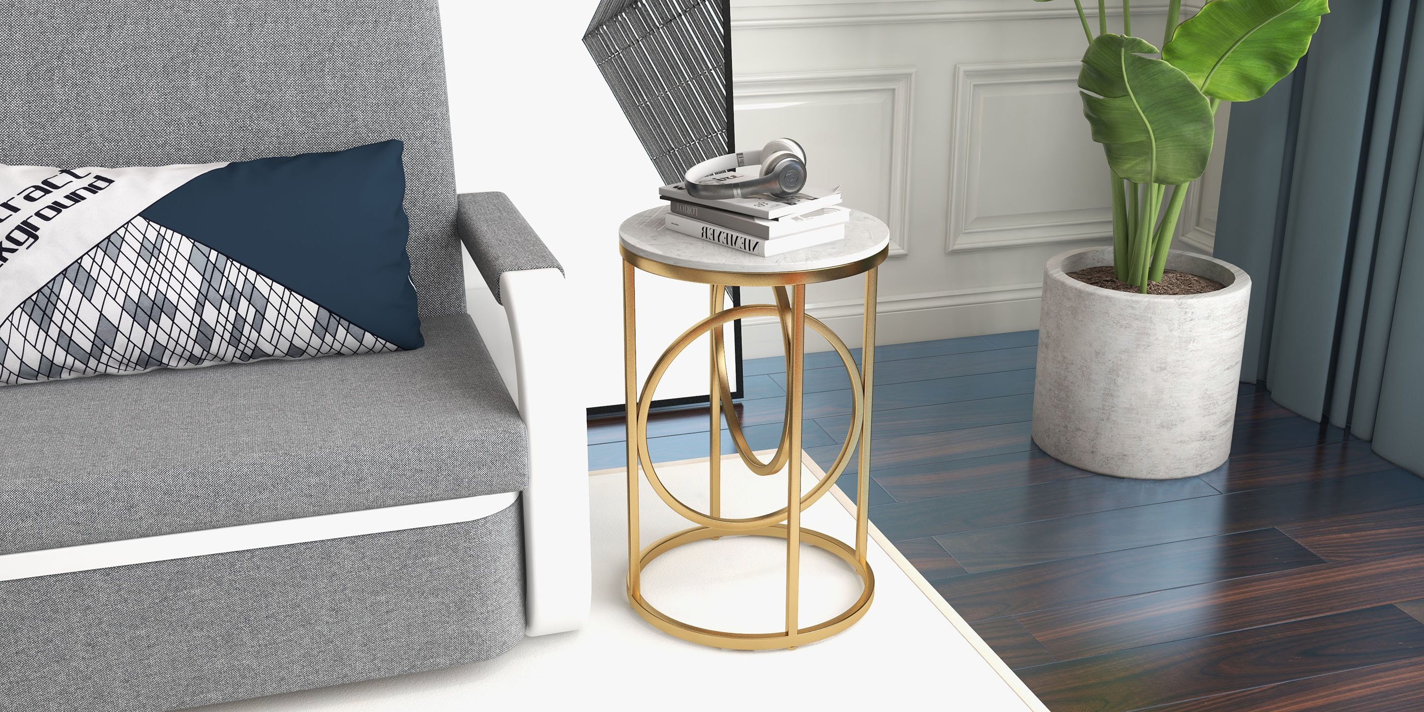 HMR - End Table Marble Top Side Table Metal in White