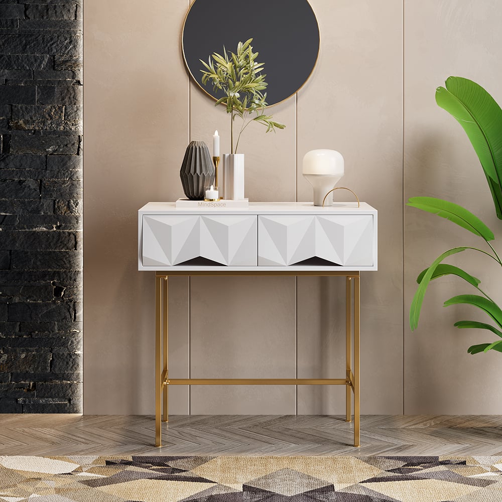 HMR - Modern Console Solid Wood and Metal Table with Drawers in White