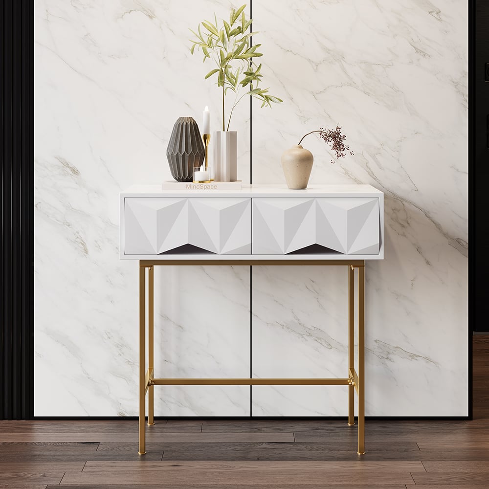HMR - Modern Console Solid Wood and Metal Table with Drawers in White