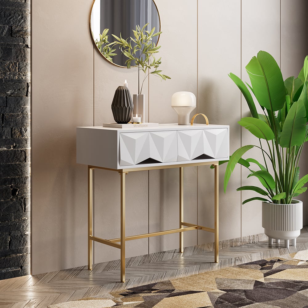 HMR - Modern Console Solid Wood and Metal Table with Drawers in White