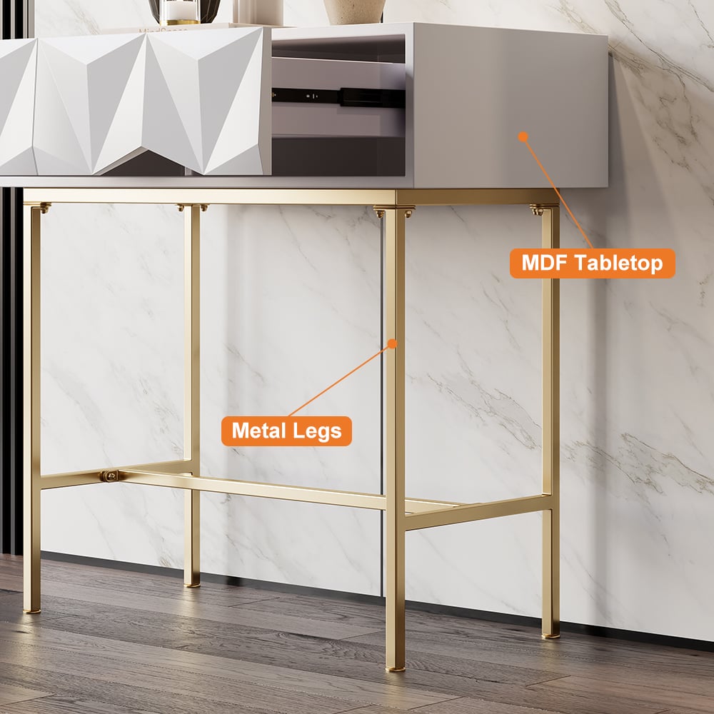 HMR - Modern Console Solid Wood and Metal Table with Drawers in White