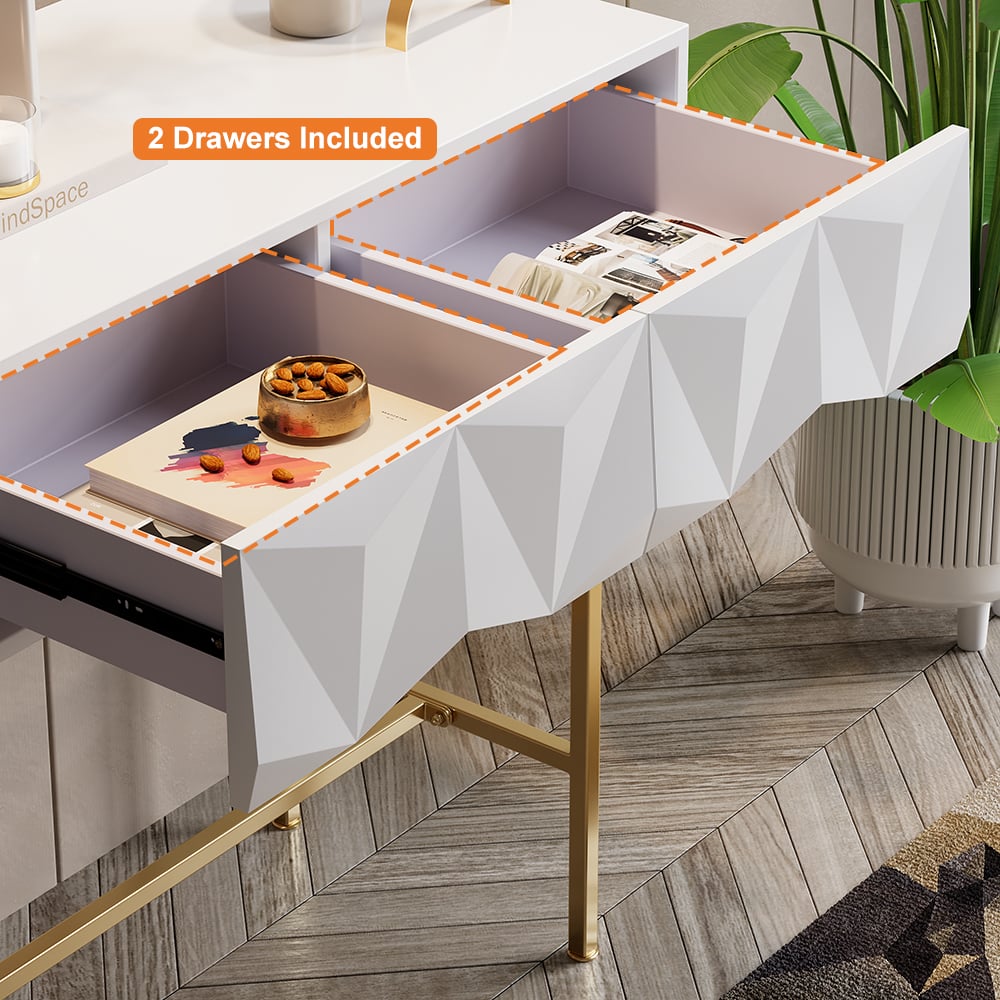 HMR - Modern Console Solid Wood and Metal Table with Drawers in White